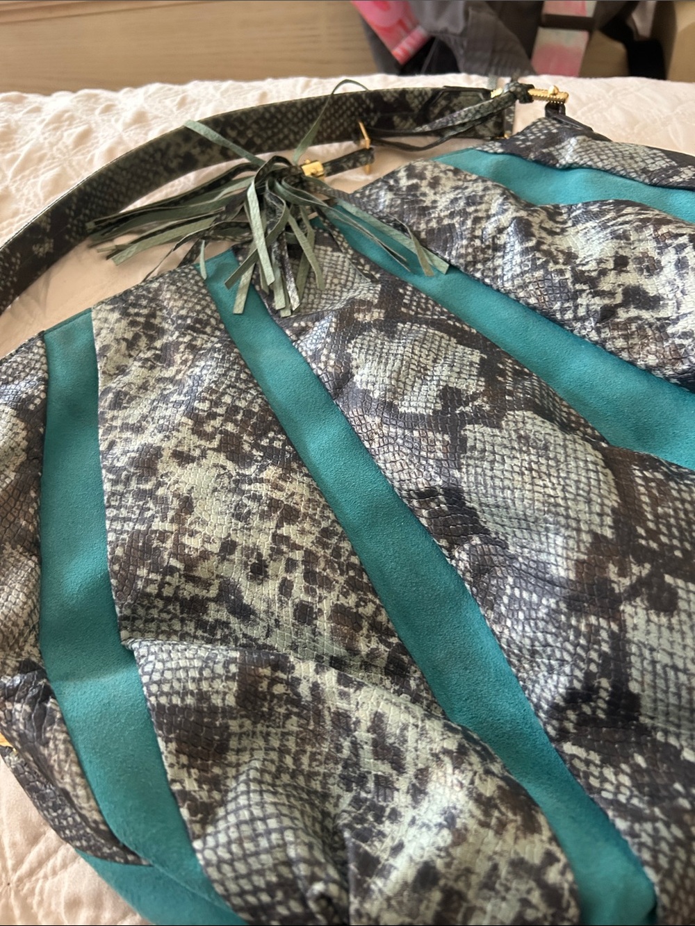 Aimee Kestenberg Teal and Snake-Print Shoulder Hobo